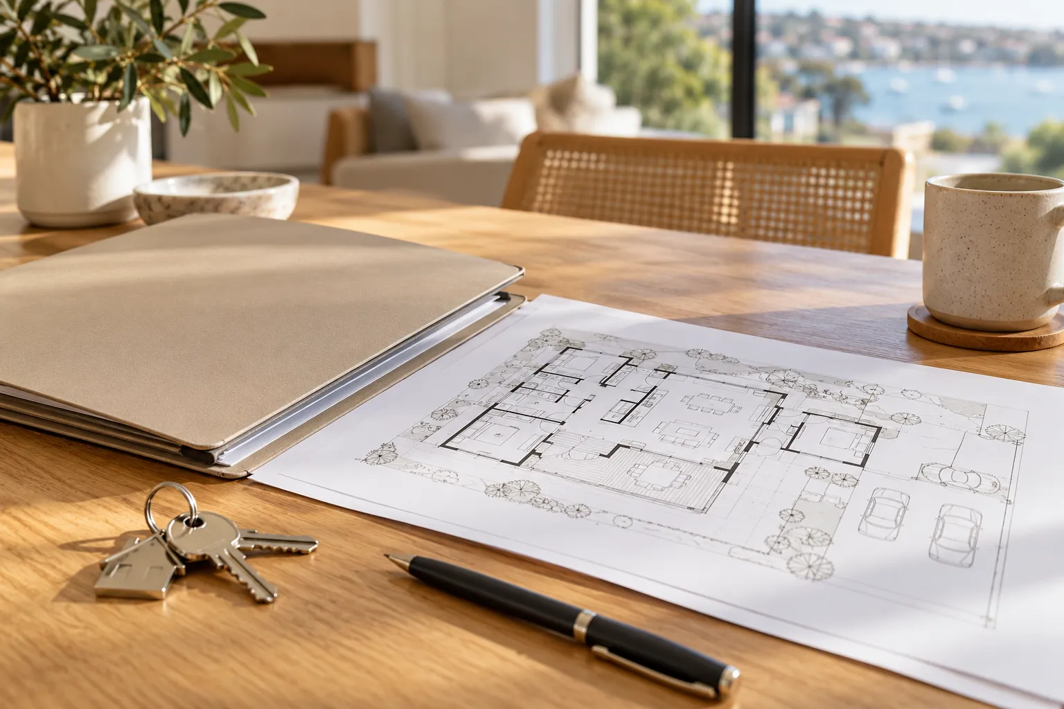 Property documents, floor plan and keys arranged on a desk