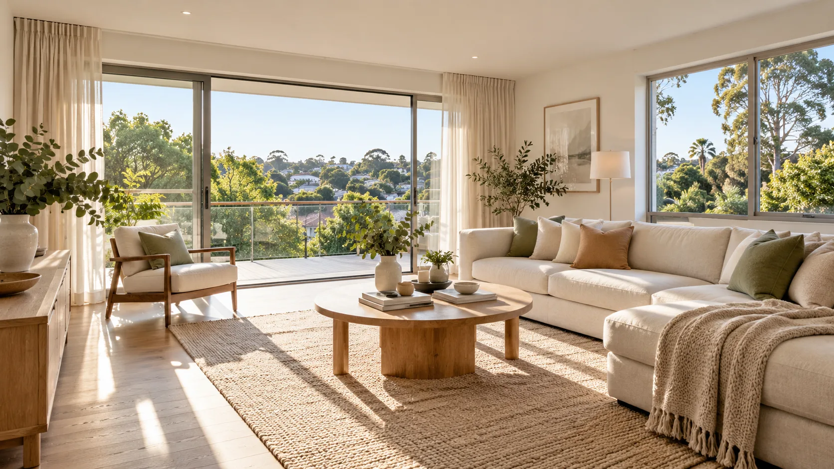 Bright, styled Sydney home interior with neutral furnishings and greenery