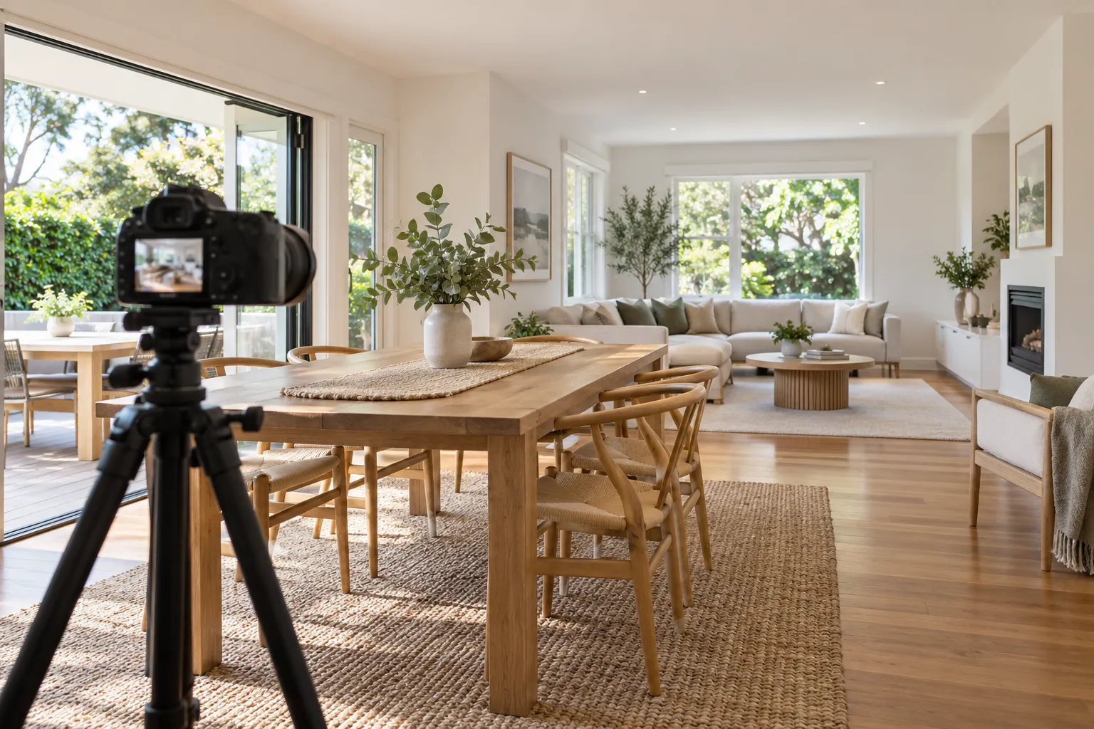 Tidy, light-filled living room prepared for real estate photography